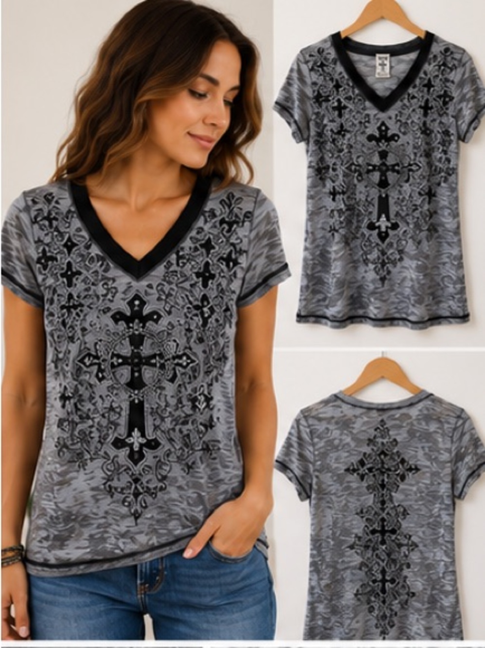 Harley-Davidson Gray Black V-Neck Cross Graphic Tee